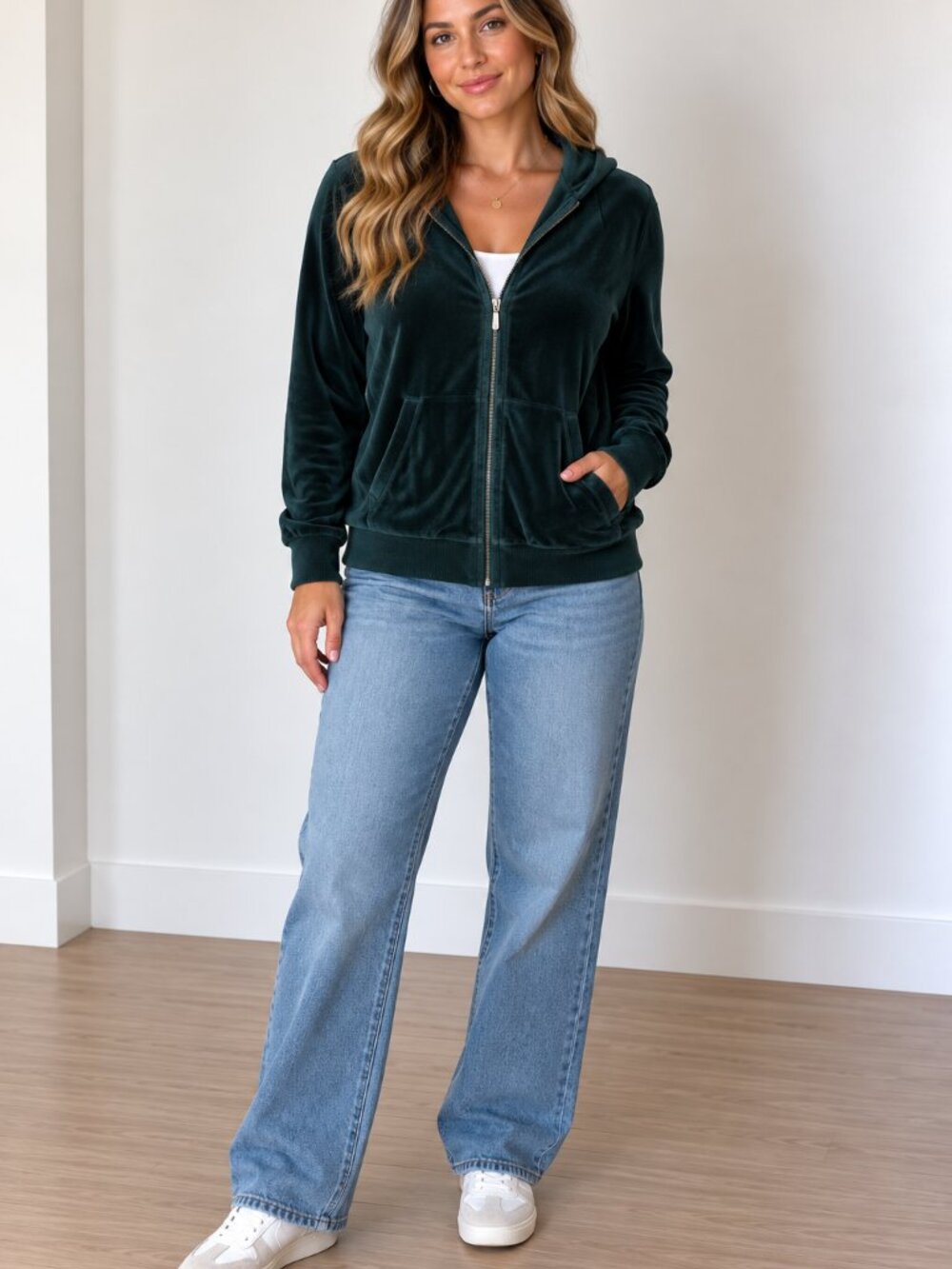 Jones New York Teal Velvet Hooded Zip Jacket